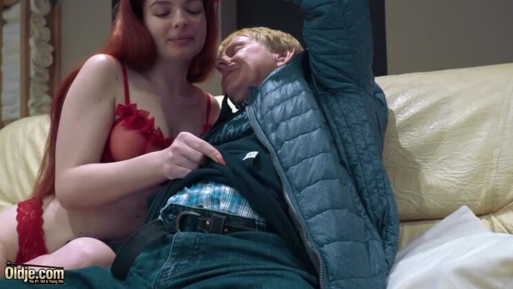 Young redhead pussy rides grandpa cock and she gets cum on her tits
