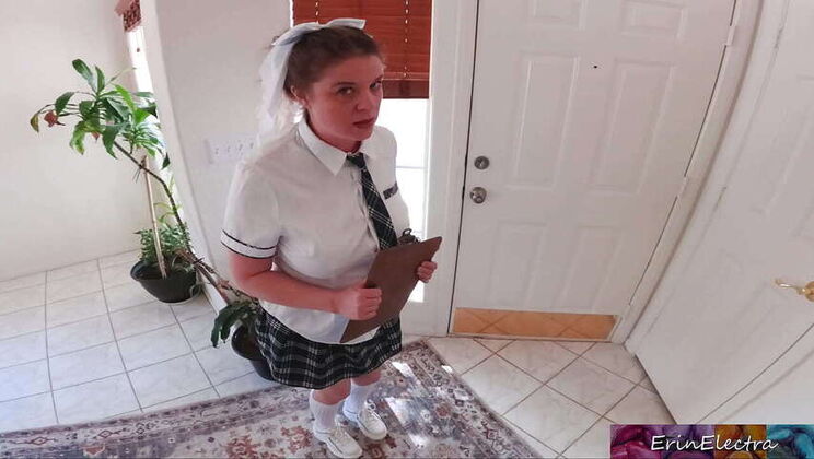 Young lady collecting donations doorside fucks for the high school girls' basketball team