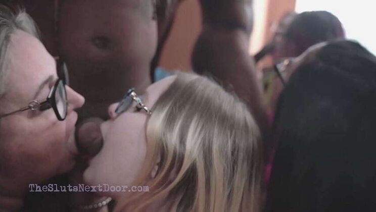 Curvy BBWs in Glasses Enjoy Multiple Black Cocks in Orgy