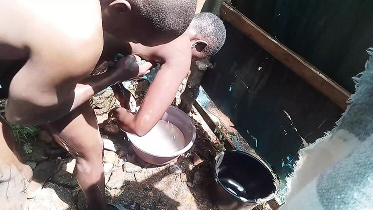 Hot African Ebony Girl Gets Soapy Outdoor Shower Fuck