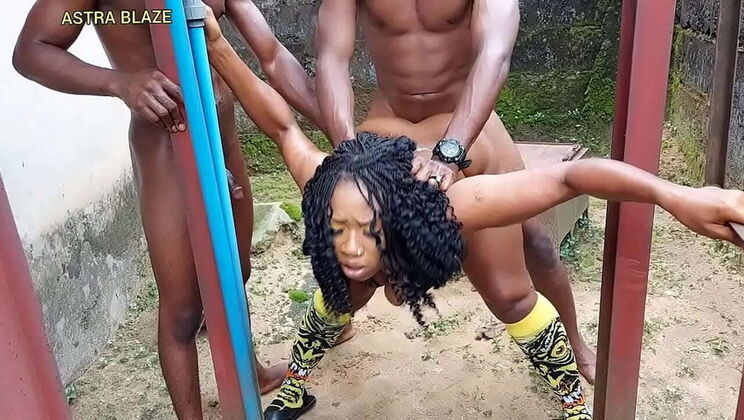 Naija Ebony bae gets double teamed by two big black cocks in rough outdoor threesome