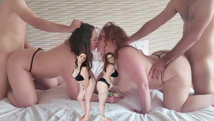 Big Ass French Foursome - Redhead & Curvy Girl Swallow Cum in Free Use Orgy