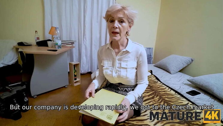 Mature Blonde Granny in Stockings Gets Fingered by Bearded Man - Shaved Pussy & Heels