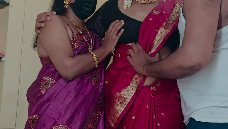 Indian sisters Pushpa Valli and Laxi Ammu enjoy threesome romance with neighbor bachelor in bed