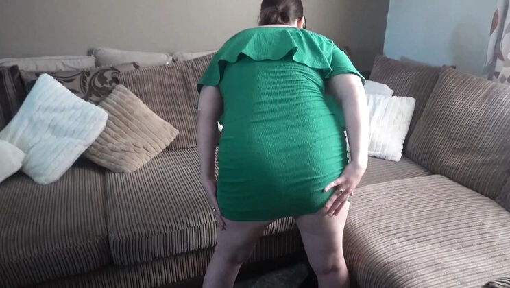 Littlevixen's Green Dress Striptease - BBW Wife Spreads Legs Solo