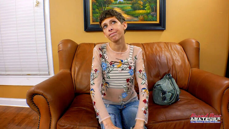 Skinny Brunette Sucks Cock and Gets Fingered Hard on Couch