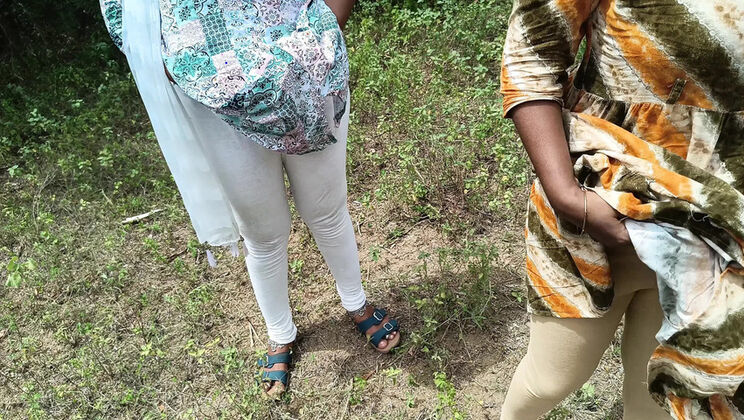 Outdoor Blowjob and Breast Licking with Tamil Aunty Threesome in Jungle