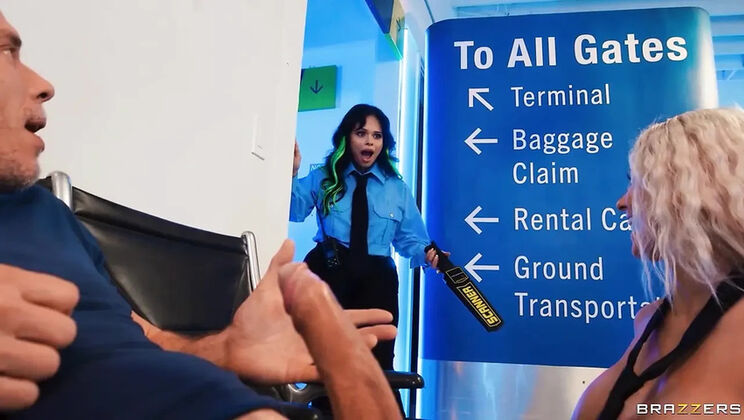 Airport Security Blowjob Threesome with Brunette and Blonde