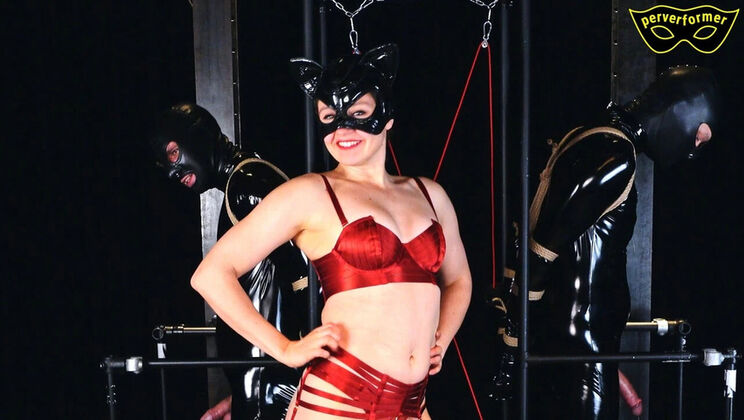 German Mistress Ties Slaves Balls in Painful Strappado Bondage Threesome