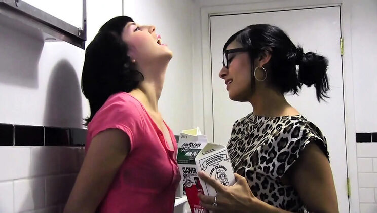 Young Brunette Seduced by Lesbian in Shop Toilet for Hot Fucking