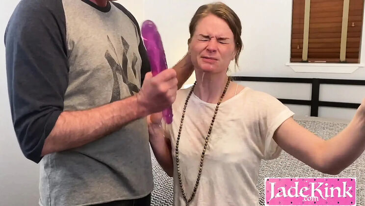 Submissive Girlfriend Rough Deep Throat With Huge Pink Dildo Gagged And Fucked