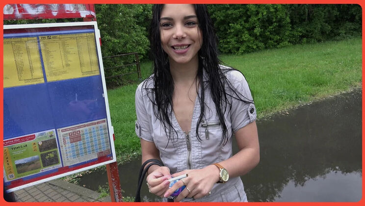 Czech amateur teen Sylvia 18 years old gives risky blowjob at bus stop