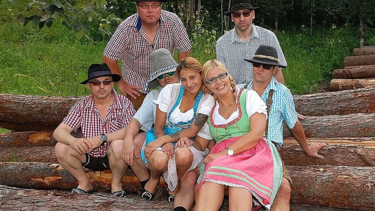 German Outdoor Lederhosen Gangbang Orgy with Vicky Wilfing - Rough Group Sex Fuck