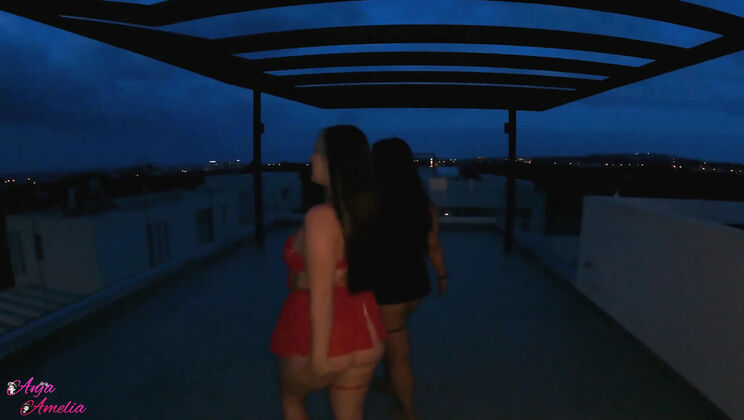 German Villa Threesome Rooftop Sex with Brunette Anja Amelia - Blowjob & Eating Pussy in 4K