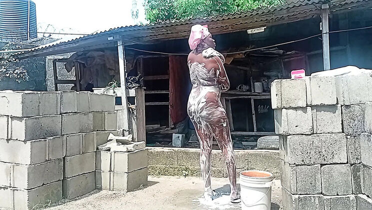 Sexy Black BBW Village Girl Outdoor Shower Twerking Saggy Tits