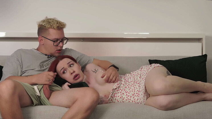 Step Mom Gets Surprise Oral Creampie From Stepson's Big Cock While Watching TV