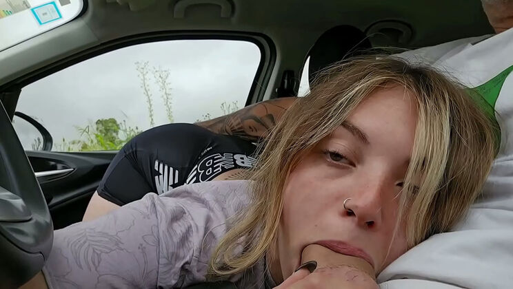 Keilabassi77 Almost Gets Caught Giving Blowjob in Car - Swallows Cum on Street