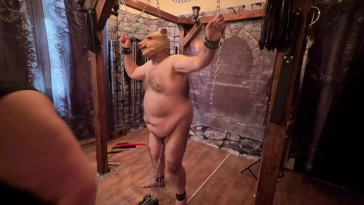 Domina Satana Final Scene: Mature BBW Dominatrix Spanks Submissive Piggy Slave in Dungeon