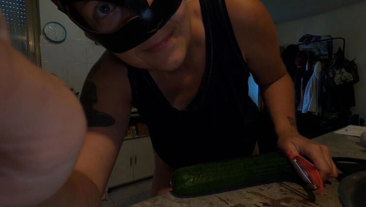 Hot French MILF Kahann masturbates with cucumber in kitchen close-up amateur video