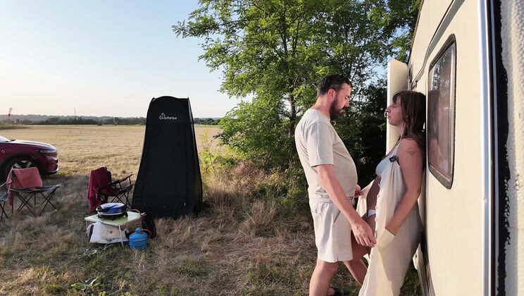 Big tits MILF gets fucked against a caravan outdoors