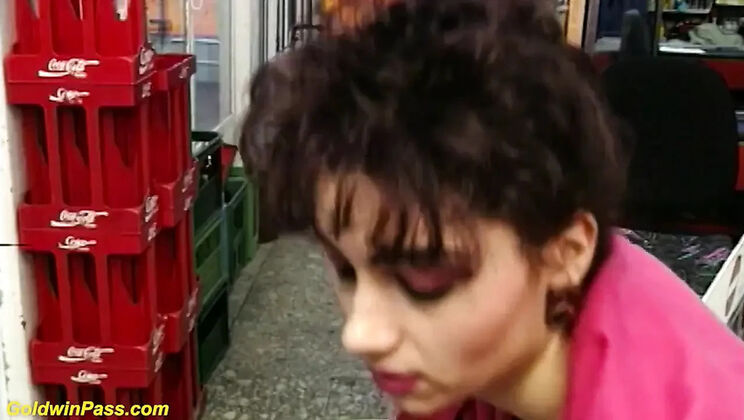 Sexy saleswoman swallows customer's big cock in supermarket