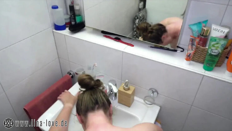 Stepbrother catches her in bathroom quickie, blasts cum all over her big tits