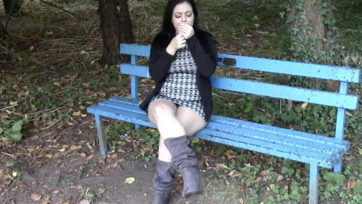 British Brunette with Big Natural Tits Smoking and Wanking in the Park