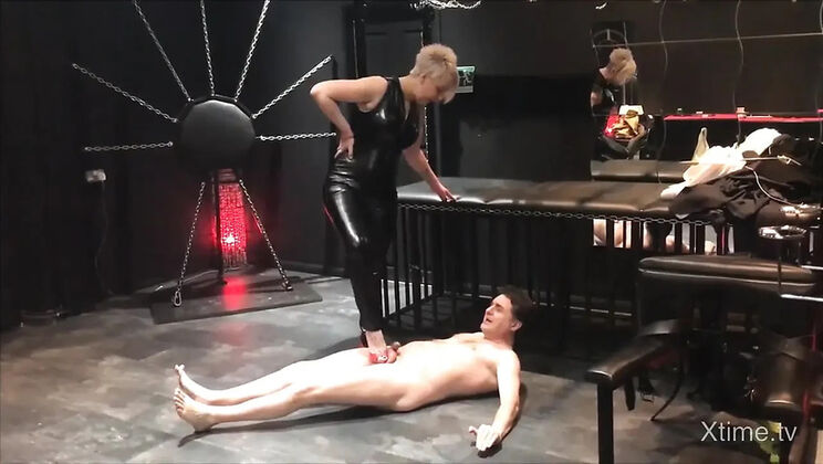Mistress Electra in Latex Heels Kicks Andrea Dipre's Balls