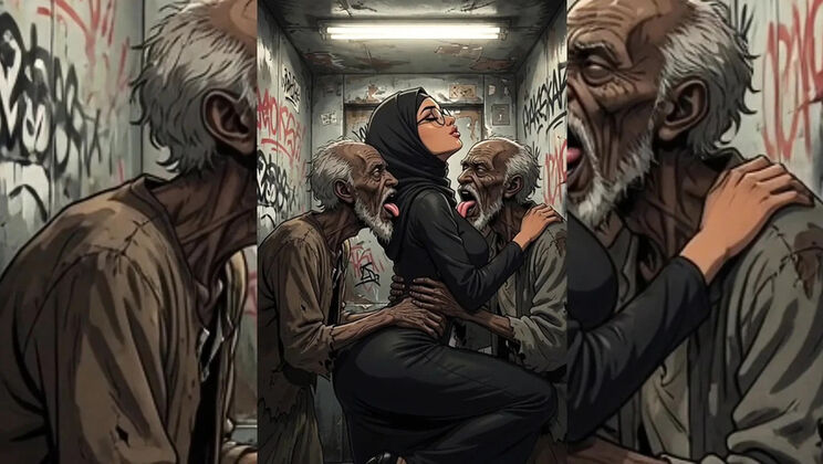 Hijabi Muslim Babe Gangbanged & Degraded by Ugly Old Bastards in Tight Space - Hijabi Series Part 3