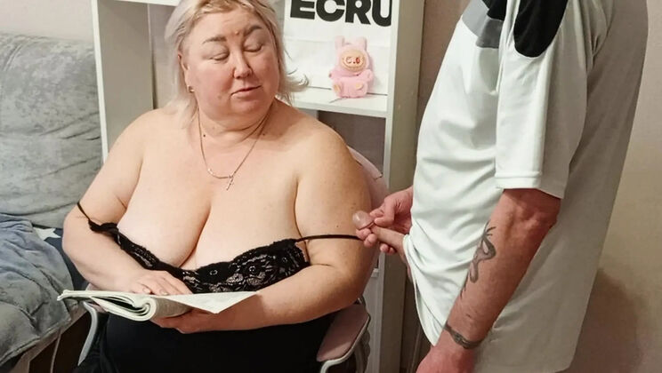 Stepmom with huge natural tits gets mouth fucked and cum on her big boobs